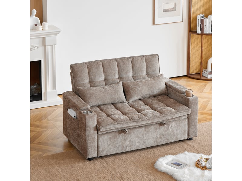  Canapé convertible 2 places 142 cm en chenille, canapé-lit avec fonction lit, rangement, porte-gobelets et coussins inclus - marron  - Conforama D