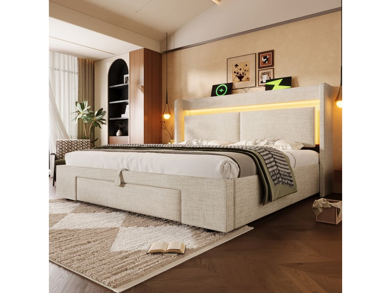  Lit coffre 160 × 200 cm 2 places avec led réglable, usb et usb-c, tiroirs, matelas inclus, beige en lin  - Conforama C