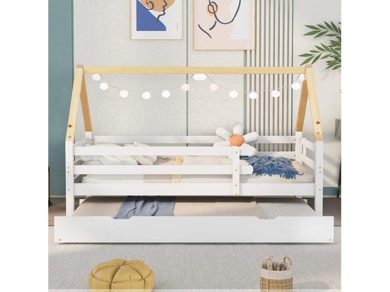  Lit cabane gigogne 90x200 cm avec roulettes bois blanc sans matelas  - Conforama C