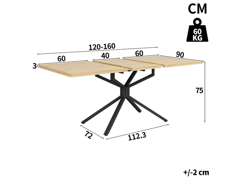  Table à manger extensible 120 à 160 cm en mdf bois clair, piètement étoilé noir, idéale pour 4 à 6 personnes  - Conforama C