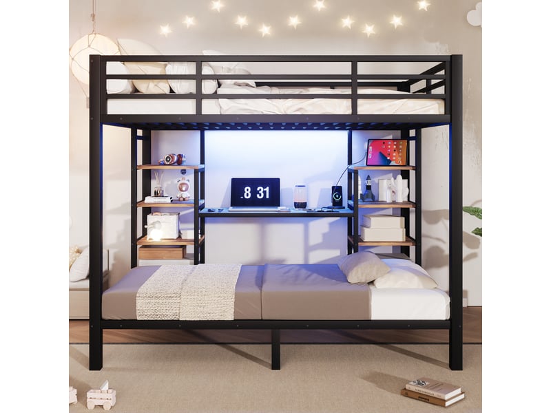  Lit superposé 90x200140x200 cm, rangements, led, usb, usb-c et prise, métal et mdf, noir OMNIGLINT TRADING LTD - Conforama D