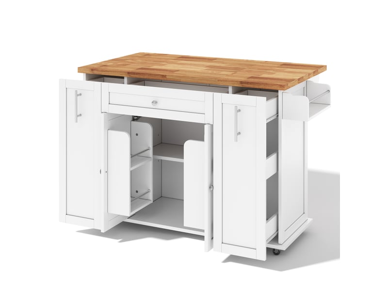  Desserte de cuisine mobile 120x70x87 cm blanche et bois clair en mdf, plateau rabattable et rangements intégrés  - Conforama C