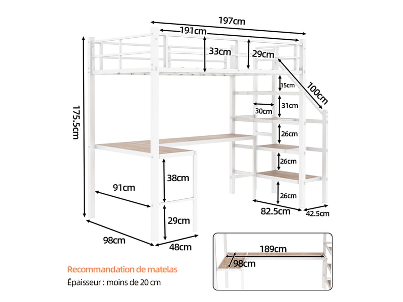 Lit mezzanine enfant 90x190 cm métal, bureau en l, escalier rangement, lit surélevé gain de place barrières sécurité - blanc  - Conforama E