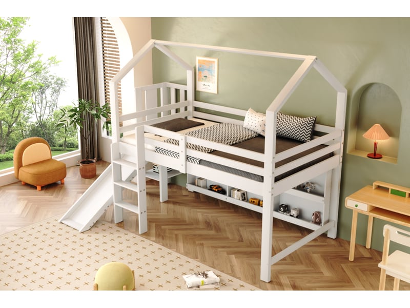  Lit enfant cabane 90 x 200 cm, toboggan, escalier, placard de rangement, étagères de rangement, structure cabane, bois massif et mdf, blanc ABC - Conforama E
