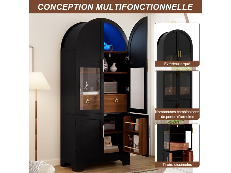  Vitrine haute 76x40x180 cm, éclairage led, portes vitrées, tiroir, design arqué, finition brillante pour salon et séjour - noir  - Conforama D