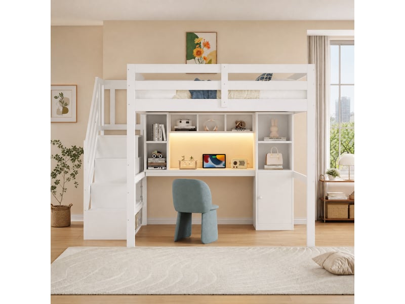 Lit mezzanine 2 places 140×200 cm avec escalier de rangement, bureau et led - okmyhome- blanc, sans matelas - Conforama B