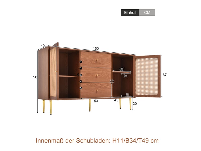  Buffet bas 2 portes et 3 tiroirs en noyer, étagère réglable, 150 x 40 x 90 cm  - Conforama E