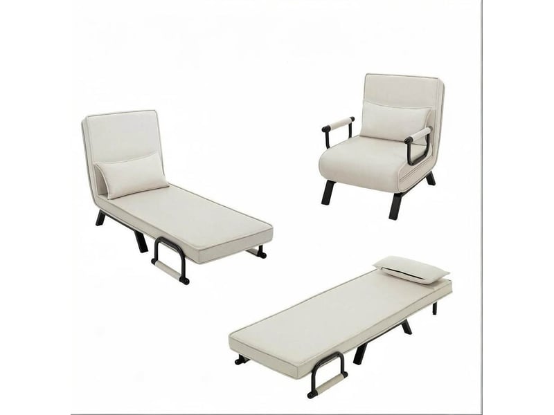 Fauteuil convertible 3 en 1 avec dossier réglable à 5 positions et coussin amovible en lin, métal et mousse beige - Conforama A