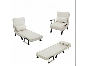 Fauteuil convertible 3 en 1 avec dossier réglable à 5 positions et coussin amovible en lin, métal et mousse beige
