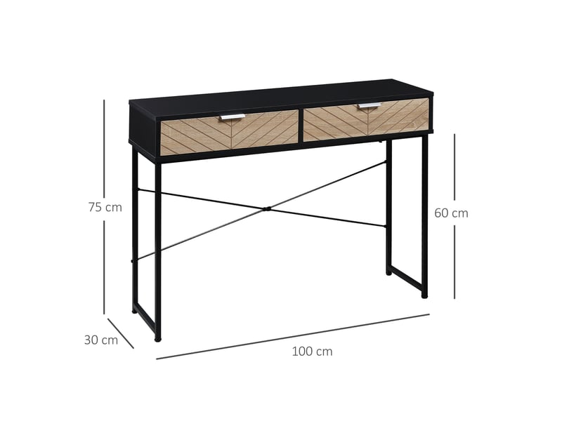  Console étroite à 2 tiroirs, design aux lignes sculptées, style moderne, noir et chêne  - Conforama E