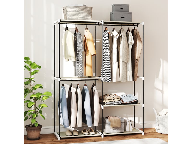  Armoire ouverte avec 4 étagères en tissu, 3 tringles à vêtements, structure métallique, 142 x 43 x 185 cm, crème  - Conforama C