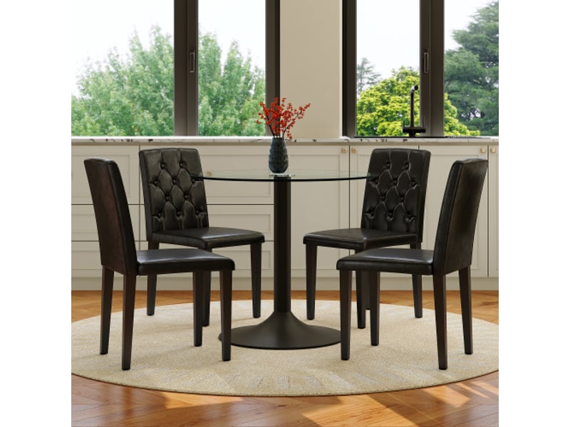  Table ronde en verre 85 cm avec 4 chaises pu capitonnées – ensemble design minimaliste moderne  - Conforama B