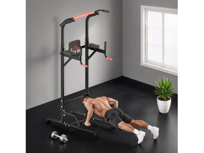  Tour de traction et station de dips réglable 123x98x239 cm avec barre de traction, métal, rouge et noir  - Conforama C
