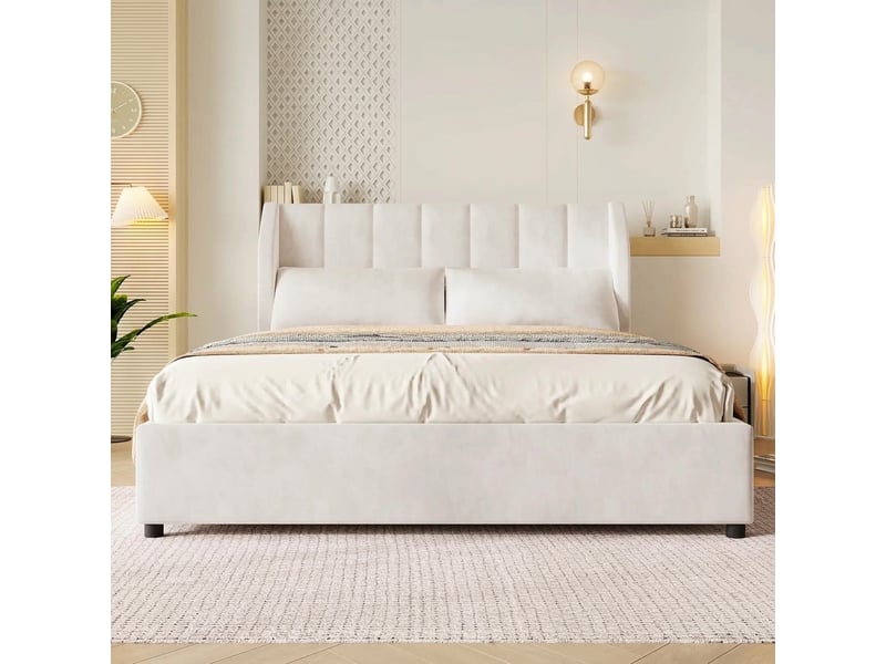 Lit capitonné 140x200 cadre de lit en velours beige avec sommier - Conforama D