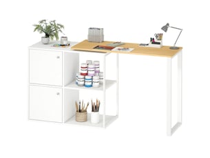 Bureau d'angle pivotant à 360° en forme de l, avec 2 placards de rangement et 2 étagères ouvertes. Idéal pour les petits espaces, 150 x 40 x 75 cm