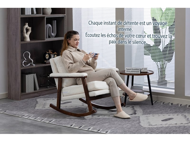  Fauteuil à bascule en velours blanc cadre en bois style mid-century fauteuil de lecture pour chambre  - Conforama D