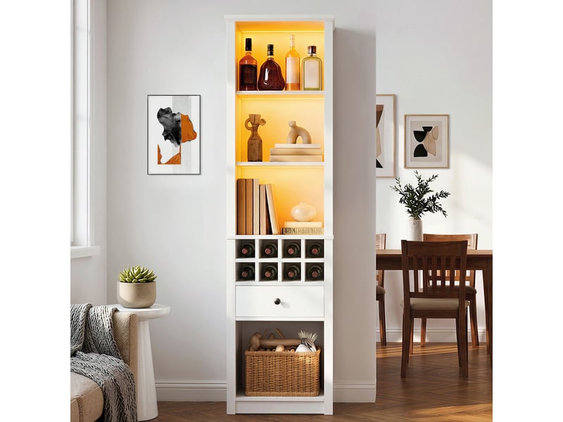  Vitrine d'exposition - 55x40x200cm - colonne haute avec led rgb connectée, range-bouteilles 8 casiers &amp; tiroir - blanc  - Conforama B