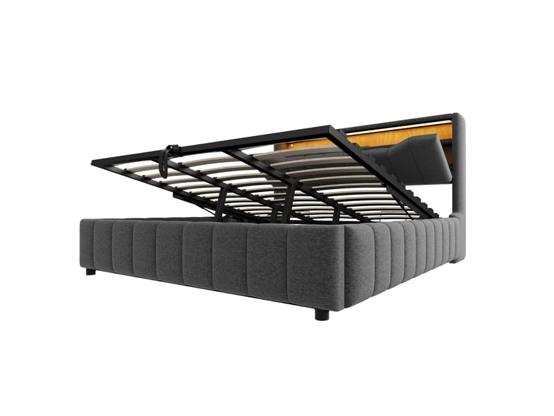 Lit coffre 180 × 200 cm en tissu effet lin gris, led, usb et usb-c IKSETERA TRADING LTD - Conforama R