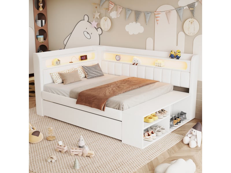  Canapé lit matelassé 90x200 cm avec port usb, bande led, rangement chaussures et 2 tiroirs, blanc  - Conforama E