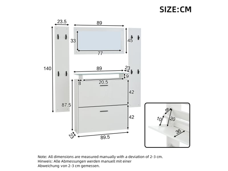 Vestiaire 4 pièces avec miroir – 2 étagères à chapeaux, meuble chaussures blanc laqué, porte-manteaux, 8 crochets - Conforama C