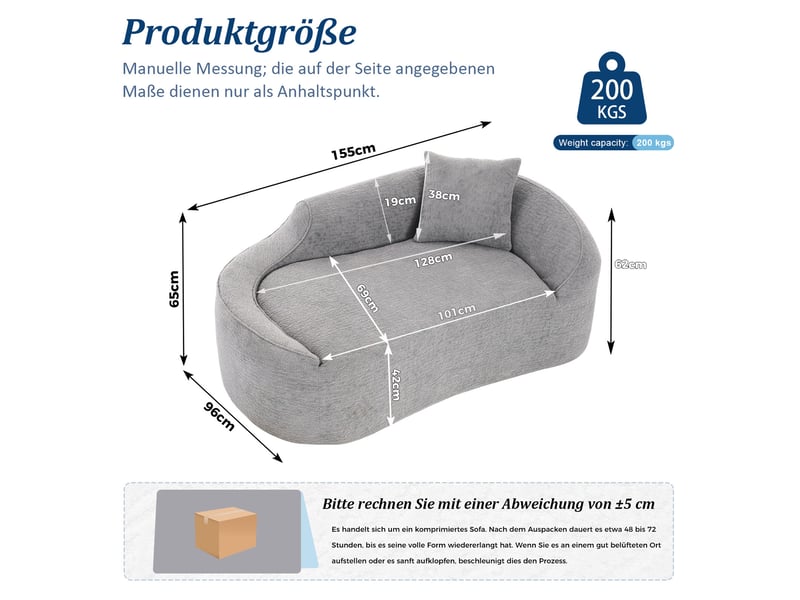  Méridienne 2 places 155 x 96 x 65 cm gris clair en chenille, canapé-lit avec coussin assorti pour intérieur  - Conforama C