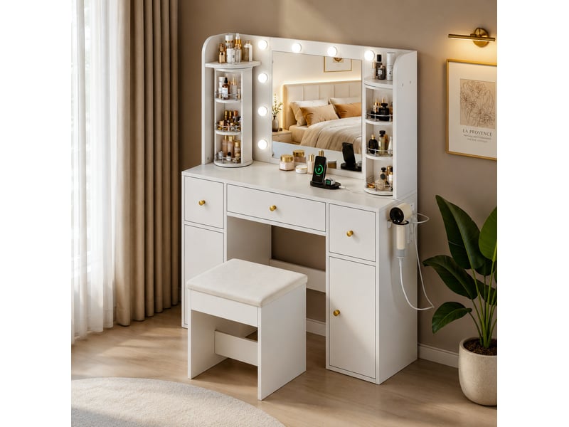  Coiffeuse 115x40x142 cm avec miroir, led, organiseur bijou rotatif, usb-c, support sèche-cheveux, panneau blanc, déco  - Conforama E