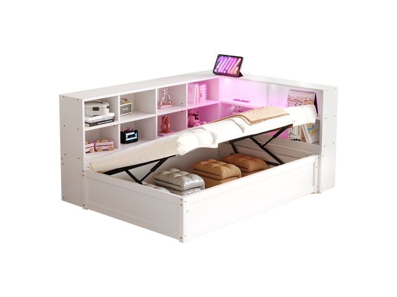  Lit gigogne 90x200, couchage pratique banquette lit, led multicolore, structure bois massif, rangement intégré, ports usb  - Conforama A