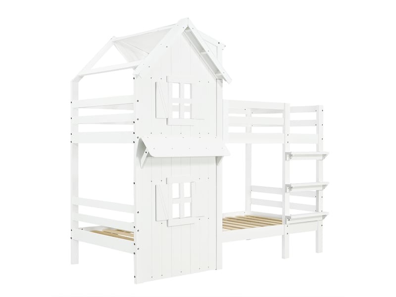 Lit superposé cabane 90x200 cm blanc avec fenêtres et toit - Conforama E