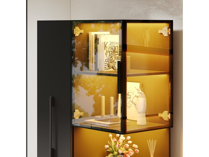  Vitrine noire 70x38x160 cm avec éclairage led, portes vitrées et rangements IKSETERA TRADING LTD - Conforama E