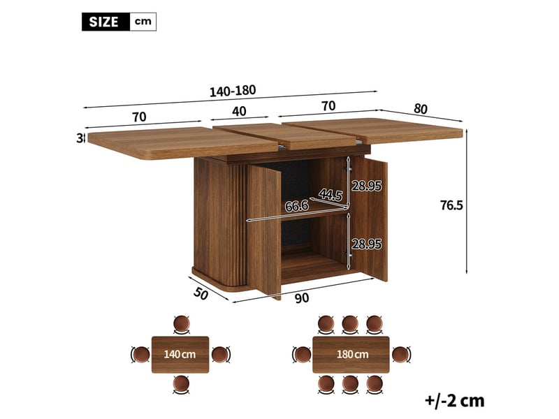  Ensemble table et chaises, table 140-180cm rangement caché, plateau extensible, brun + 6 chaises ergonomiques  - Conforama C
