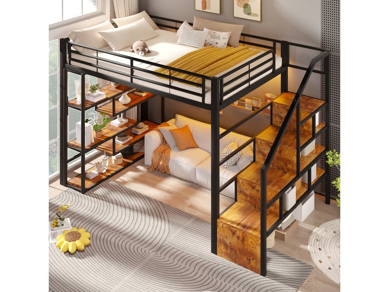  Lit mezzanine 140x200 cm, escalier rangement, garde-corps, led, métal et mdf, noir et blanc, sans matelas  - Conforama B