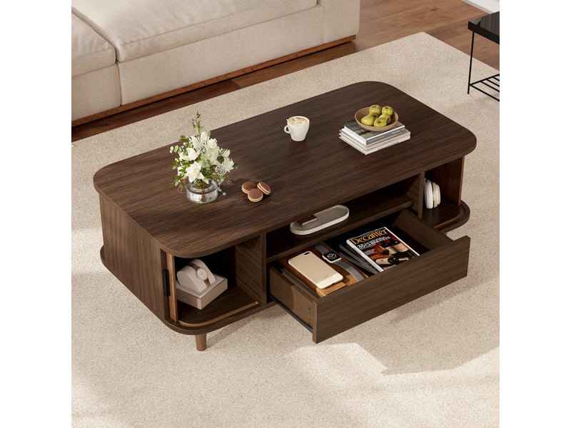  Table basse 100x50x35 cm avec 1 tiroir, 2 portes à rideau et niche ouverte, table de salon aux angles arrondis, pieds en bois, mdf, 30 kg, effet noyer Seren Glow - Conforama B