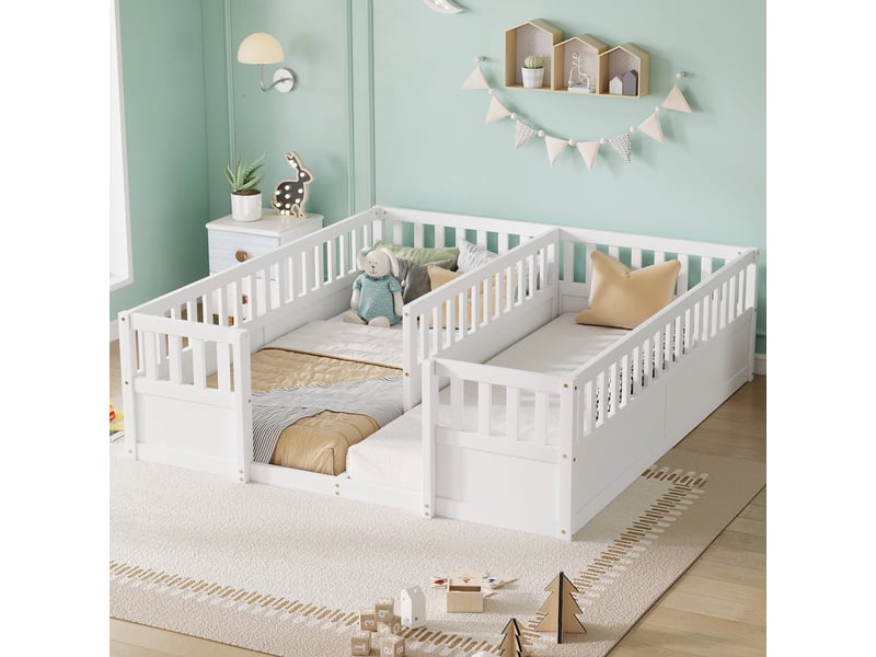  Lit 180x200 cm - lit enfant 180x200 - lit double au sol en pin avec barrières de sécurité et ouverture d'accès - blanc  - Conforama C