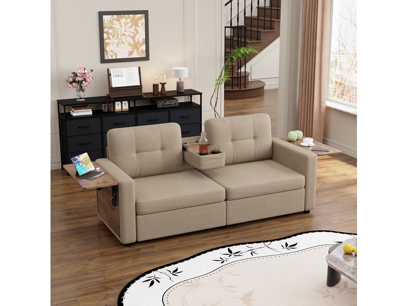 Canapé 2 places chenille avec tiroirs et tablettes réglables 178x71x57.5 cm kaki - Conforama W