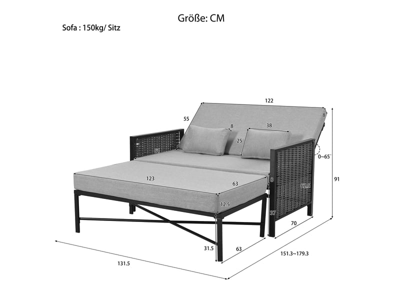 Ensemble détente extérieur avec 1 canapé convertible 2 places - dossier réglable - acier et polyester - gris  - Conforama D