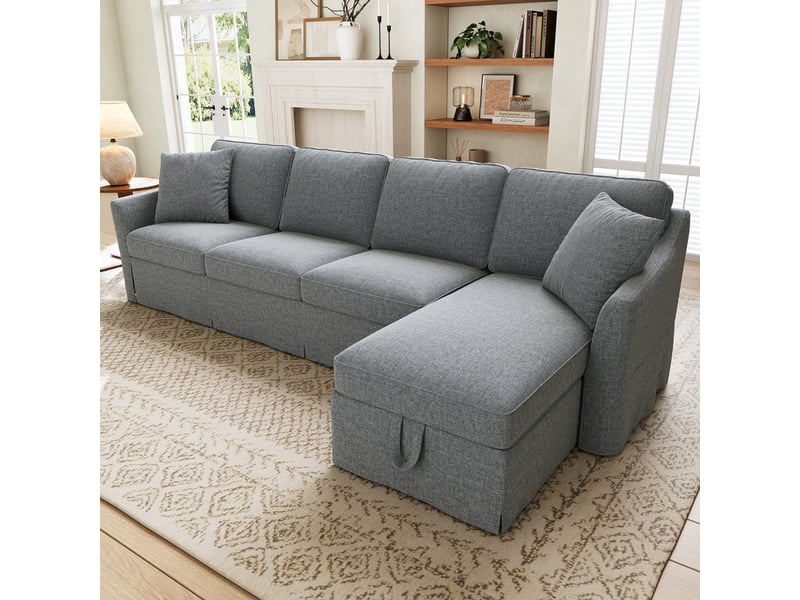 Canapé d'angle en l, 4 places, avec méridienne et coffre de rangement, housses amovibles/lavables coton-lin, gris, 274x128,5x83cm - Conforama D