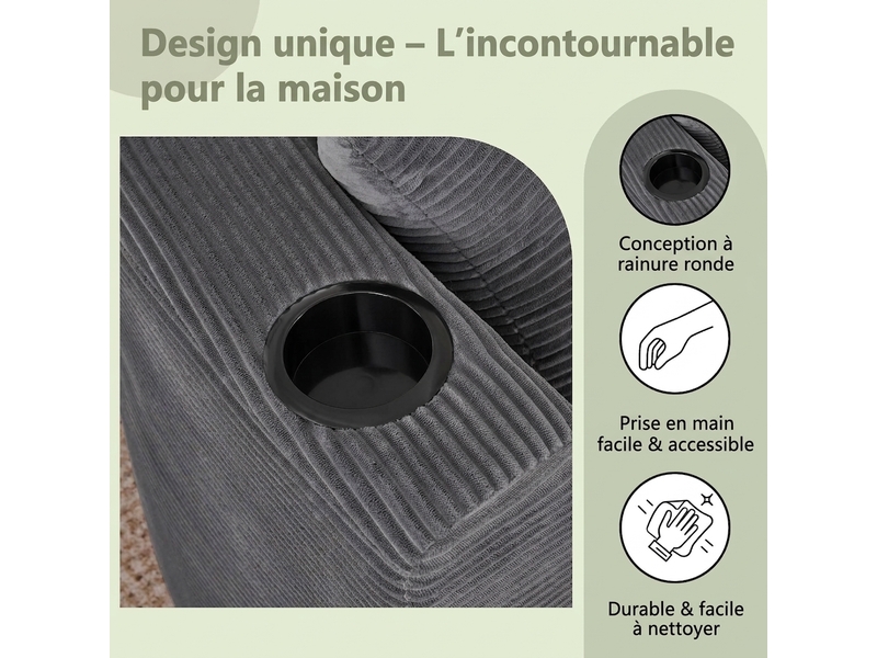 Canapé 3 places avec méridienne gauche design incurvé velours côtelé doux porte-gobelets - Conforama D