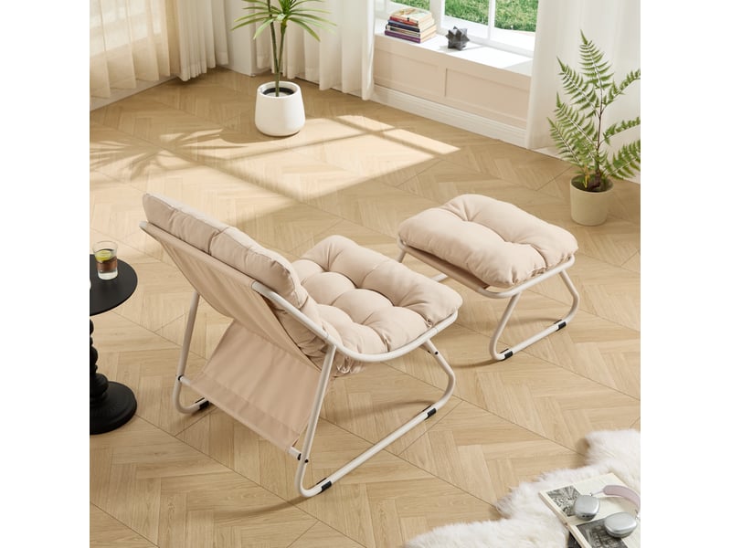 Fauteuil lounge de jardin beige avec repose-pieds et coussins, 65x78x86 cm - Conforama E