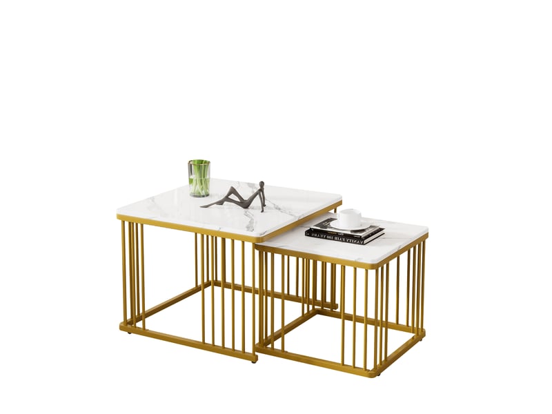 Lot 2 tables basses carrées 60x60x45 et 45x45x40 cm gigognes, plateau mdf, mélaminé effet marbre blanc  - Conforama A