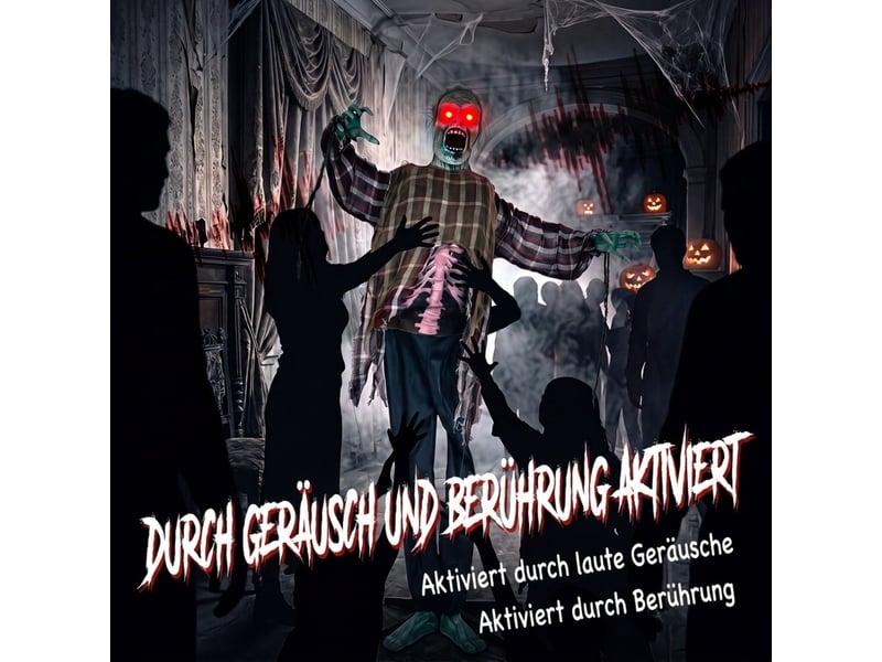 Zombie animé halloween 170 cm rouge, yeux led et activation sonore et tactile, décoration sur pied - Conforama E