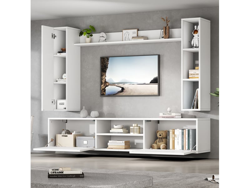  Ensemble meuble tv 4 pièces 180x35x33.5 cm avec 2 armoires murales, 1 module mural, panneau de particules, blanc  - Conforama B
