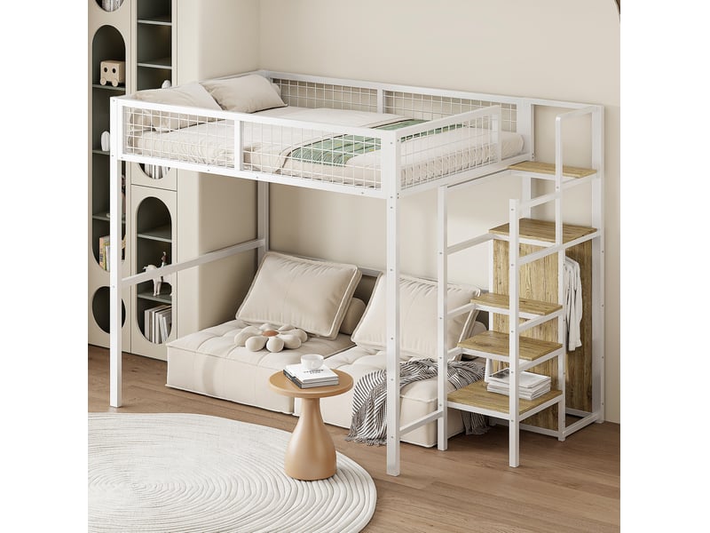  Lit mezzanine enfant 140 x 200 cm en métal avec échelle, armoire et garde-corps blanc  - Conforama B