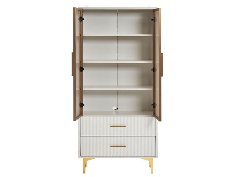 Meuble rangement salon lot de 2 vitrines blanches led, portes vitrées, étagères réglables, 80x40x160 et 70x35x150 cm - Conforama C