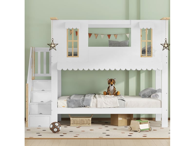  Lit superposé enfant 90x200 cm, rangement, escalier, fenêtres décoratives, structure mdf, blanc naturel, sans matelas  - Conforama B