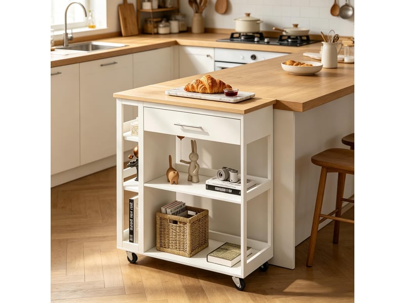  Chariot de cuisine à roulettes desserte en mdf blanc et bois avec tiroir et étagères 73x38x88 cm  - Conforama D