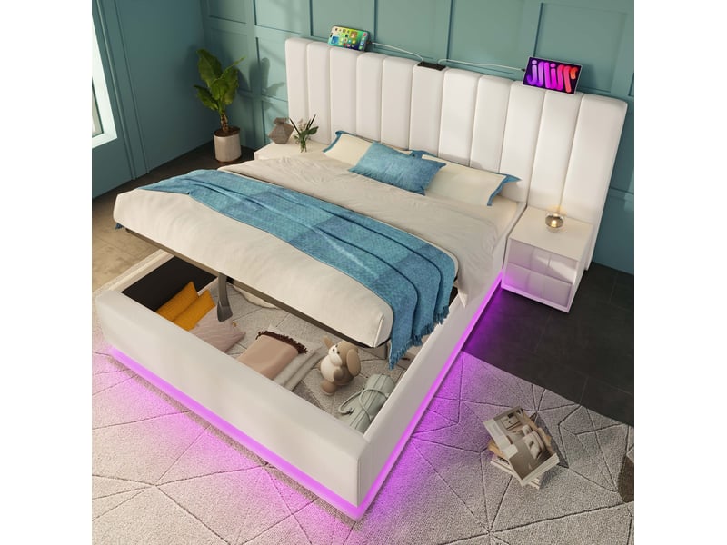  Lit coffre 180x200 cm avec matelas inclus, éclairage led 360° contrôlé par application et télécommande, 3 ports usb et 1 port usb-c, structure en métal et pu, sommier à lattes, blanc, soutien 7 zones, h3  - Conforama B