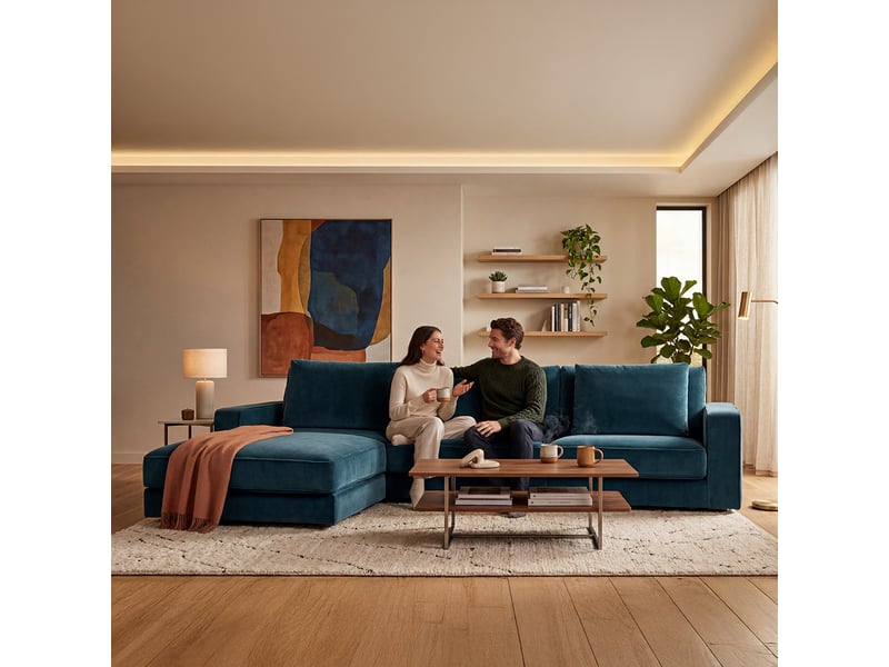 Canapé velours angle g bleu pétrole venezia 5 pl 3CA56.PI.5A.G.24 - Conforama C