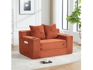 Canapé convertible 2 places 133x87x64 cm orange en velours côtelé, rangements latéraux et porte-gobelets