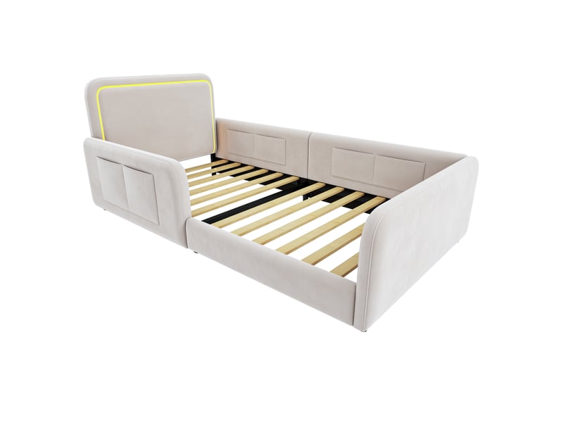 Lit enfant 90x200 cm rembourré avec led pilotable par application, lit simple avec tête de lit éclairée et poches latérales, beige OPULERANE TRADING LTD - Conforama E