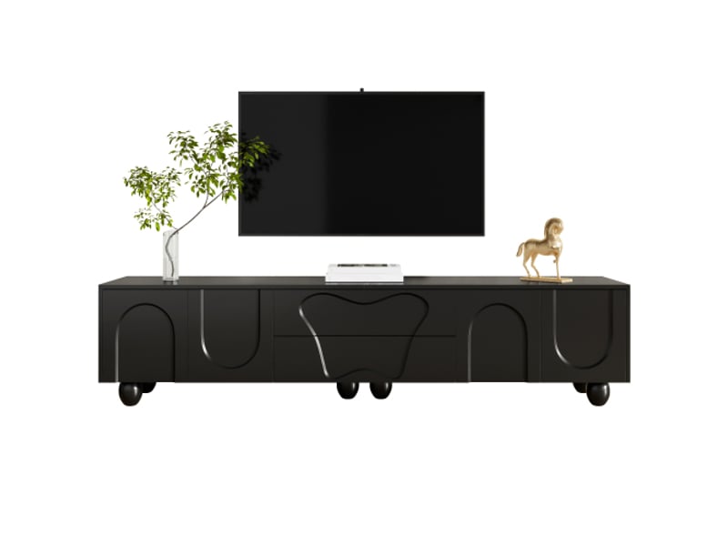  Meuble tv noir, meuble tv 180 cm avec pieds en bois, un design unique et des options de rangement flexibles  - Conforama A